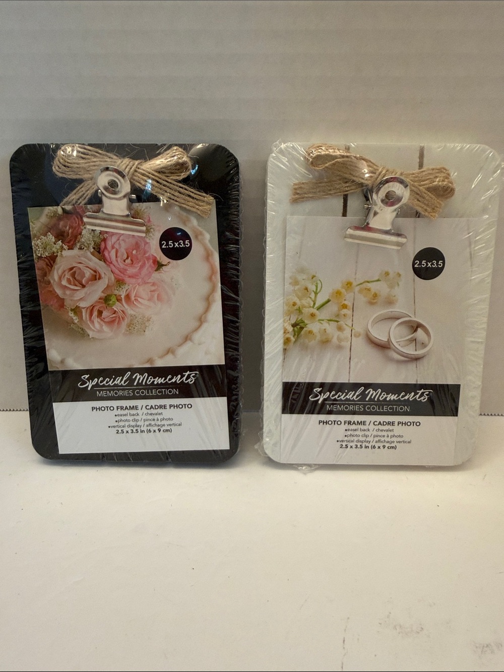 Special Moments Photo Clip Frames Choose Black or White with Jute Bow 2.3” x 3.